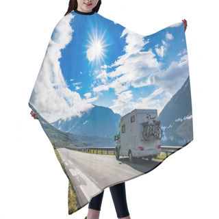 Personality  Family Vacation Travel RV, Holiday Trip In Motorhome, Caravan Car Vacation. Beautiful Nature Norway Natural Landscape. Hair Cutting Cape