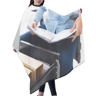 Personality  Cropped View Of Businesswoman Holding Folder With Papers Near Open Cabinet Driver On White Background Hair Cutting Cape