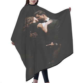 Personality  Handsome Man Hugging Sensual Woman In Dress Isolated On Black  Hair Cutting Cape