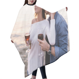 Personality  Cropped View Of Woman Touching Boyfriend While Holding Glass Of Wine Near Sea  Hair Cutting Cape