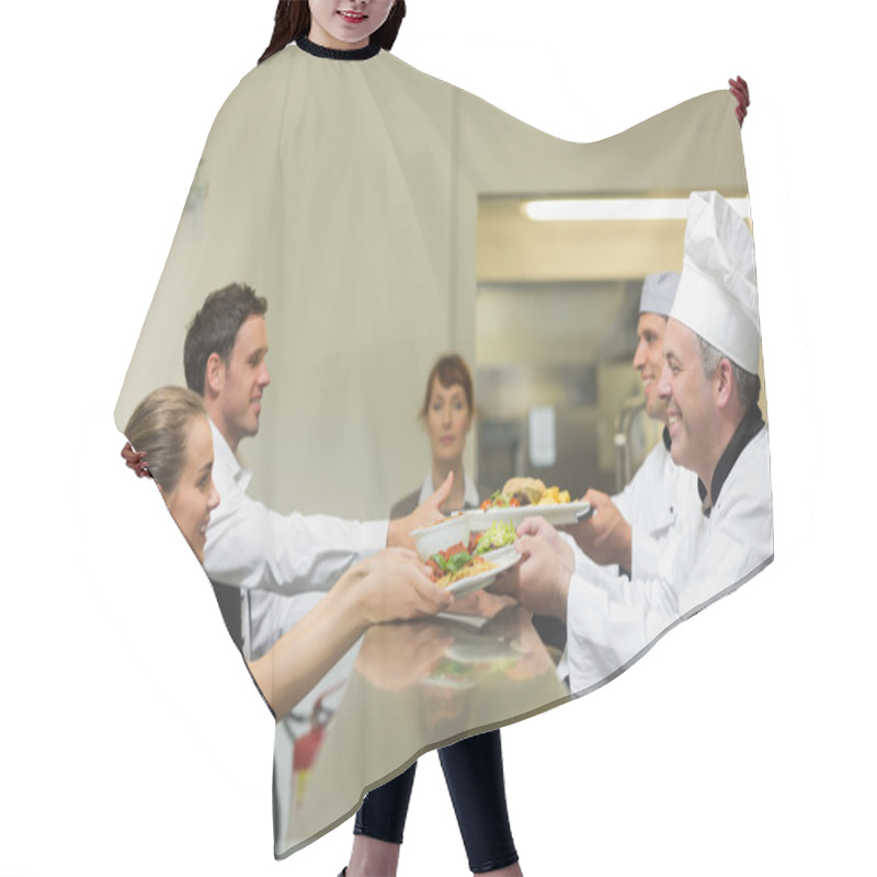 Personality  Two Cooks Handing Plates To Servers Hair Cutting Cape