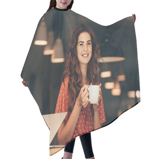 Personality  Portrait Of Smiling Woman With Cup Of Coffee At Table With Laptop In Cafe Hair Cutting Cape
