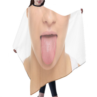 Personality  Woman Stick Ones Tongue Out Isolated In White Hair Cutting Cape