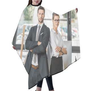 Personality  Portrait Of Confident Business People In Formal Wear With Arms Crossed In Office Hair Cutting Cape
