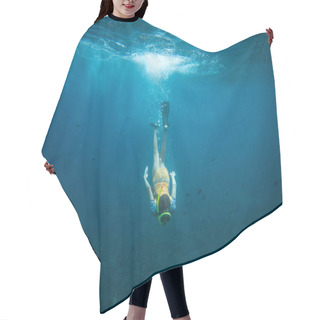 Personality  Underwater Photo Of Woman In Fins, Diving Mask And Snorkel Diving Alone In Ocean Hair Cutting Cape