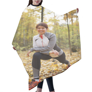 Personality  Autumn Photo Of Sporty Woman Stretching In Forest At Morning Against Background Of Trees Hair Cutting Cape