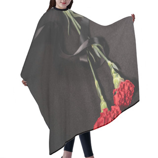 Personality  Top View Of Two Red Carnation Flowers With Ribbon On Black Background, Funeral Concept Hair Cutting Cape