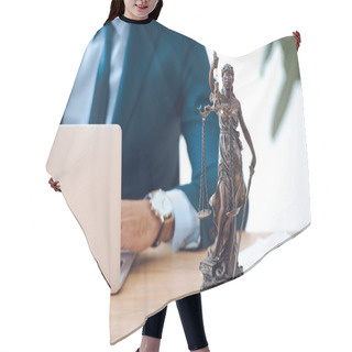 Personality  Cropped Shot Of Lawyer Using Laptop And Lady Justice Statue On Table Hair Cutting Cape