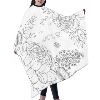 Personality  Hand Drawn Peonies With Leaves Monochrome Sketch For Coloring Book With Love Vector Illustration Hair Cutting Cape