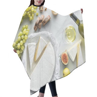 Personality  Food Composition With Brie Cheese, Wine, Grape And Bread On White Marble Surface Hair Cutting Cape