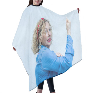 Personality  A Woman Strikes A Confident, Iconic Pose Reminiscent Of The Classic Feminist 'We Can Do It' Poster, Embodying Timeless Female Strength And Empowerment. Hair Cutting Cape