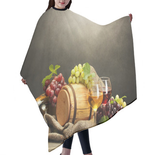 Personality  Barrel, Bottles And Glasses Of Wine And Ripe Grapes On Wooden Table On Grey Background Hair Cutting Cape