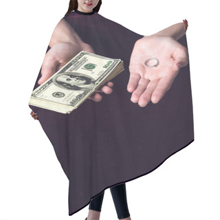 Personality  Cropped Shot Of Woman Holding Cash And Wedding Ring, Marriage Of Convenience Concept Hair Cutting Cape