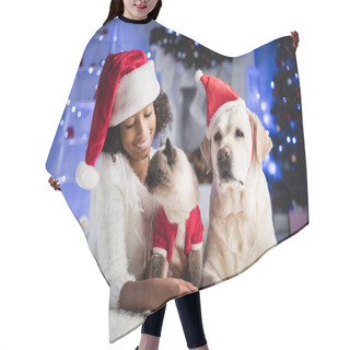 Personality  Joyful African American Girl Lying On Floor Near Labrador And Cat On Blurred Background With Christmas Decoration Hair Cutting Cape