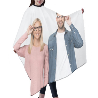 Personality  Young Couple Smiling At Camera While Touching Eyeglasses Isolated On Grey Hair Cutting Cape