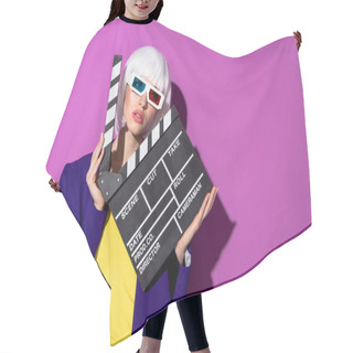Personality  Girl In White Wig And 3d Glasses Holding Clapperboard On Purple Background Hair Cutting Cape