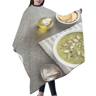 Personality  Top View Of Homemade Creamy Spinach Soup With Croutons Hair Cutting Cape