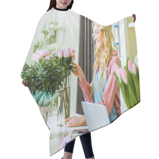 Personality  Beautiful Female Florist Adjusting Bouquet Of Pink Roses In Flower Shop Hair Cutting Cape
