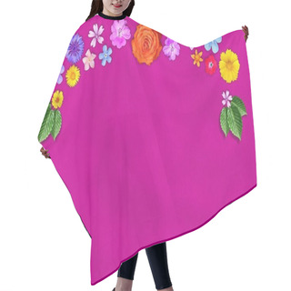 Personality  Beautiful Decoration Flowers Frame With Empty In Center On Pink Paper Background. Hair Cutting Cape