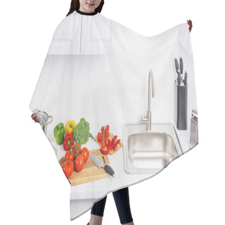 Personality  High Angle View Of Tomatoes And Chili Peppers On Cutting Boards In Light Kitchen Hair Cutting Cape