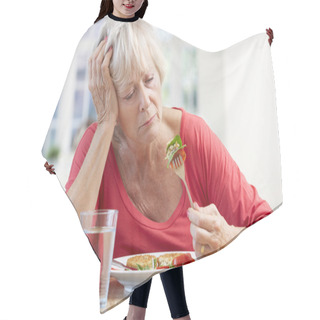 Personality  Sick Older Woman Trying To Eat Hair Cutting Cape