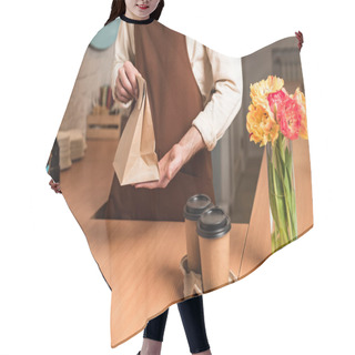 Personality  Partial View Of Barista In Brown Apron With Paper Bag And Coffee To Go Hair Cutting Cape