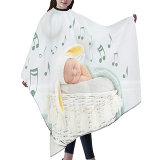 Personality  Cute Newborn Child Wearing Bunny Ears Hat Sleeping In Baby Nest And Flying Music Notes Indoors. Lullaby Song Hair Cutting Cape