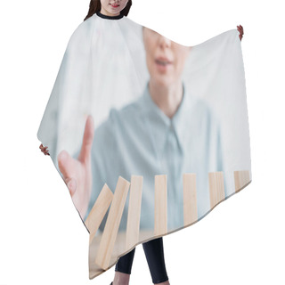 Personality  Close-up Shot Of Businesswoman With Falling Wooden Blocks In Row On Table, Dominoes Effect Concept Hair Cutting Cape