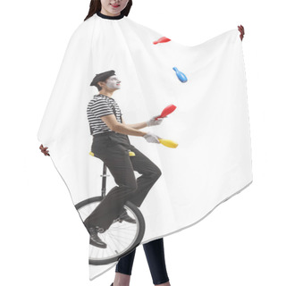 Personality  Full Length Profile Shot Of A Pantomime Guy Riding A Mono-cycle And Juggling Isolated On White Background Hair Cutting Cape