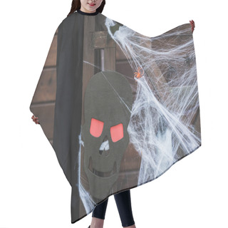 Personality  Spider Net With Toy Spiders Near Spooky Paper Cut Skull On Wooden Fence Hair Cutting Cape