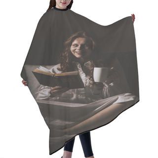 Personality  Demonic Smiling Woman In Nightgown Holding Bible And Cup On Bed Hair Cutting Cape