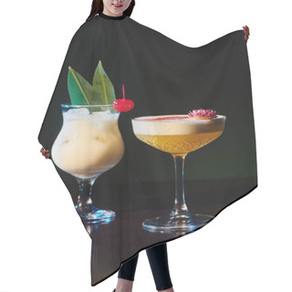 Personality  Tropical Exotic Pina Colada And Daiquiri With Fresh Garnishing On Black Backdrop, Concept Hair Cutting Cape