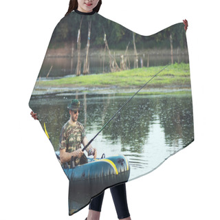 Personality  The Fisherman Is Fishing From Inflatable Boat On The Lake. Hair Cutting Cape