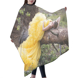 Personality  A Tranquil Scene Unfolds As A Woman In A Luxurious Yellow Gown Finds Repose On A Fallen Tree Amidst The Serene Forest Floor, Blending Restfulness With Natural Grandeur. Repose In Nature: Woman In A Hair Cutting Cape