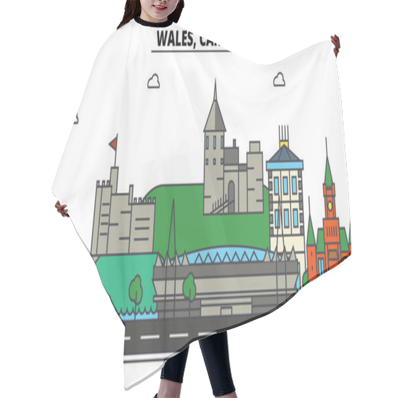 Personality  Wales, Cardiff. City Skyline: Architecture, Buildings, Streets, Silhouette, Landscape, Panorama, Landmarks. Editable Strokes. Flat Design Line Vector Illustration Concept. Isolated Icons Set Hair Cutting Cape