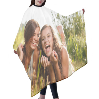 Personality  Two Girlfriends Lying Down On Grass Hair Cutting Cape
