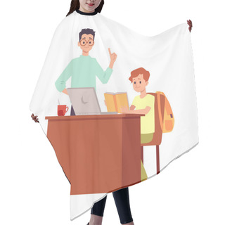 Personality  Boy And Teacher At Computer Desk - Cartoon Pupil Reading A Book At Home Hair Cutting Cape
