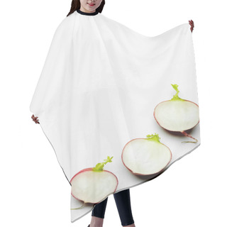Personality  Top View Of Fresh Cut Radishes On White Background With Copy Space Hair Cutting Cape