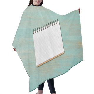 Personality  Top View Of Empty Blank Notebook On Wooden Turquoise Desk Hair Cutting Cape
