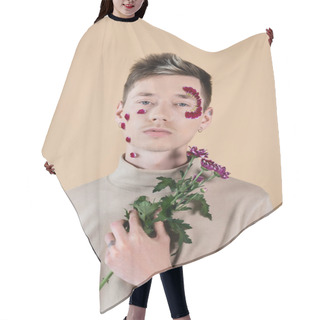 Personality  Young Man Wit Petals On Face Holding Chrysanthemums Isolated On Beige  Hair Cutting Cape