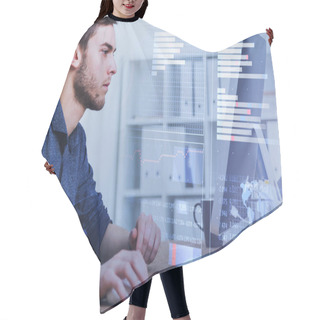 Personality  Portrait Of Serious Young Businessman Working In Blurry Office With Double Exposure Of Immersive Business Interface. Toned Image. Elements Of This Image Furnished By NASA Hair Cutting Cape
