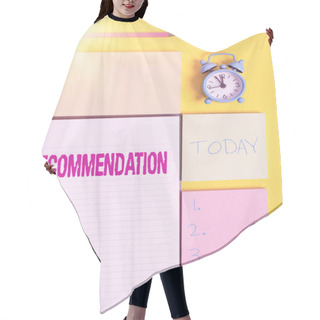 Personality  Text Sign Showing Recommendation. Conceptual Photo Something That Recommends Or Expresses Commendation Colored Empty Papers With Copy Space On The Yellow Background Table. Hair Cutting Cape