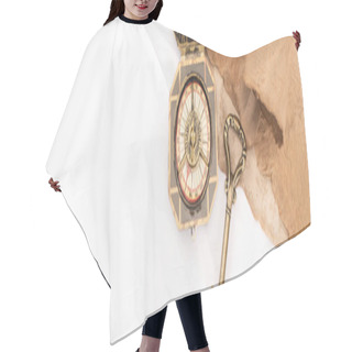 Personality  Top View Of Vintage Key, Compass And Aged Paper Isolated On White, Panoramic Shot Hair Cutting Cape