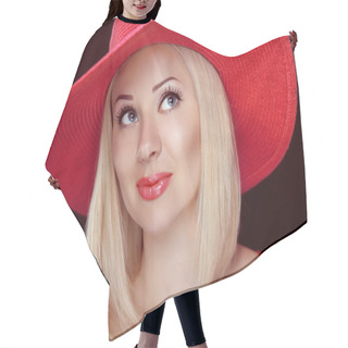 Personality  Blond Woman With Red Lips Wearing In Hat, Beautiful Fashion Girl Hair Cutting Cape