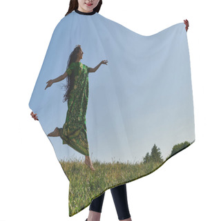 Personality  Free Minded Indian Woman In Sari Running On Green Meadow Under Blue Sky, Happy Summer Hair Cutting Cape