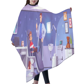 Personality  Child Dental Office Cartoon Vector. Kid Boy Patient In Dental Hospital Interior To Medical Care For Tooth Illustration. Pediatric Man Medic Check Baby Toothache Service With Smile Stomatology Concept Hair Cutting Cape