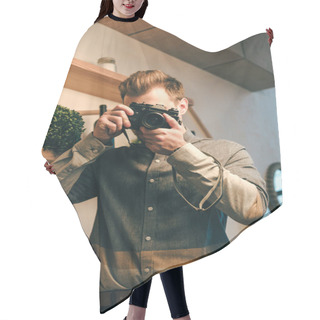 Personality  Obscured View Of Stylish Man Taking Picture On Photo Camera In Cafe Hair Cutting Cape
