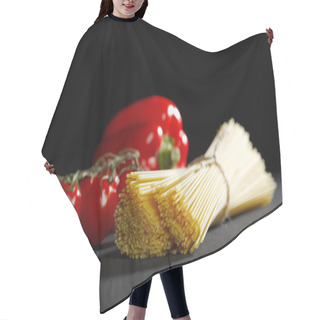 Personality  Raw Pasta And Vegetables On Black Table Hair Cutting Cape