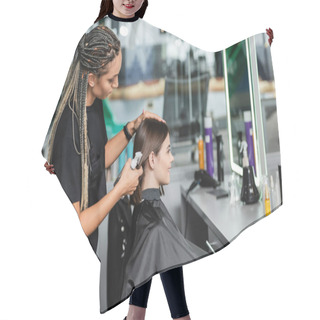 Personality  Hairstylist Spraying Hair Of Female Client, Hairdresser With Braids Holding Spray Bottle Near Happy Woman With Short Brunette Hair In Salon, Hair Cut, Hair Treatment, Hair Make Over, Hairdo  Hair Cutting Cape