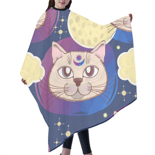 Personality  Vector Pattern With A Cat, Moon, Stars. Magical And Fairy. Suitable For Postcards, Printing, Posters, Textiles. Hair Cutting Cape